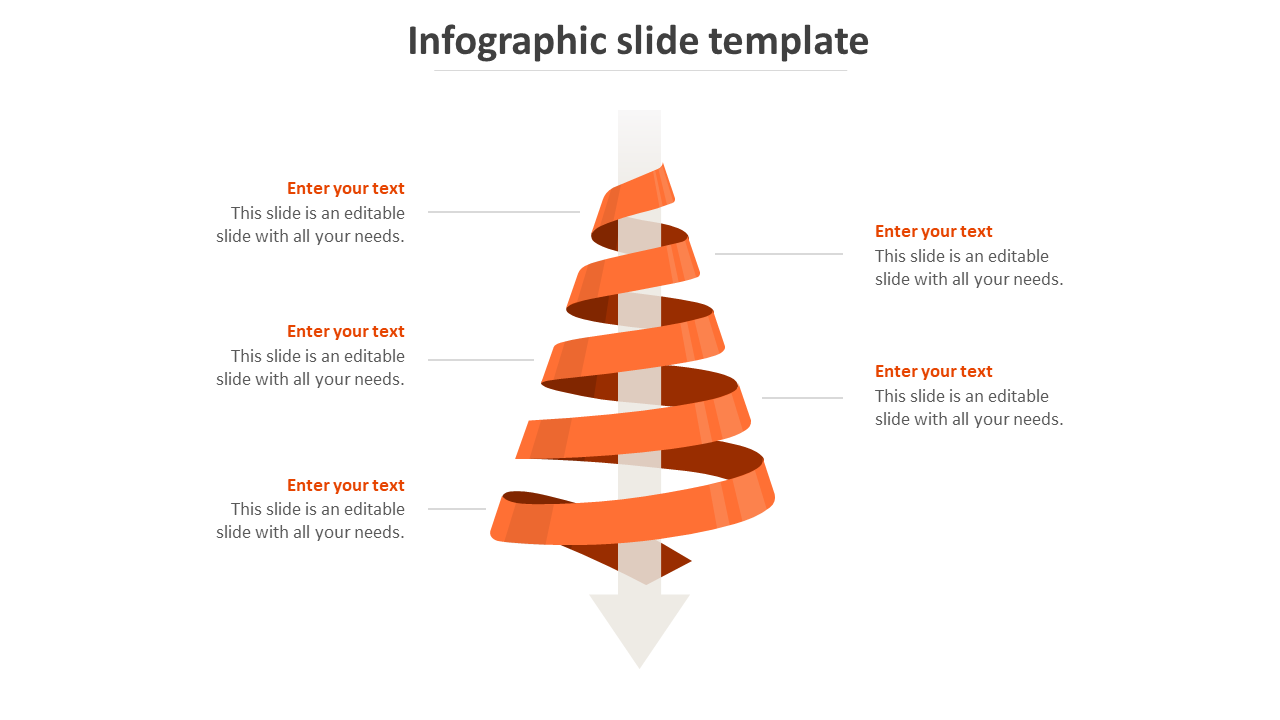 Downward moving arrow with a twisted ribbon structure in orange, paired with five text placeholders on both sides.