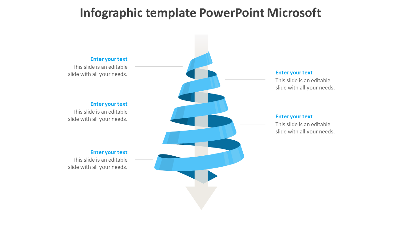 Infographic PowerPoint template featuring a spiral with blue color segments for different steps with placeholder text.