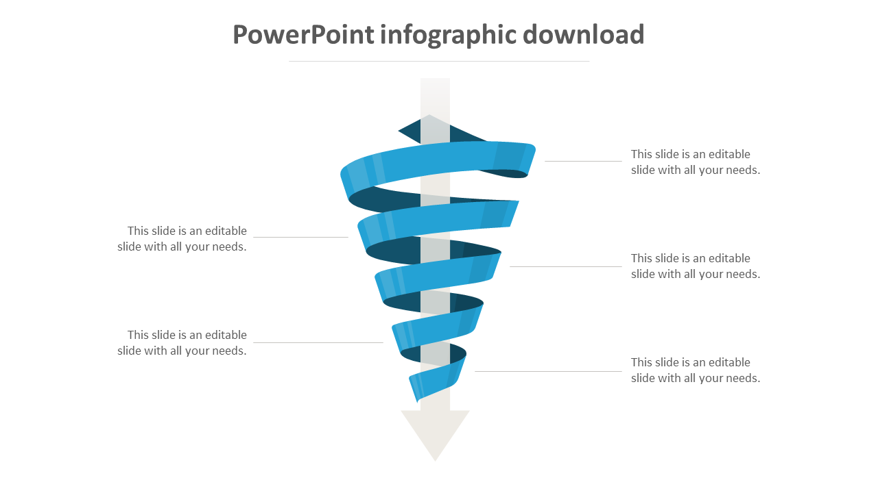 Infographic with a 3D blue spiral wrapped around a gray downward arrow, surrounded by five text placeholders.