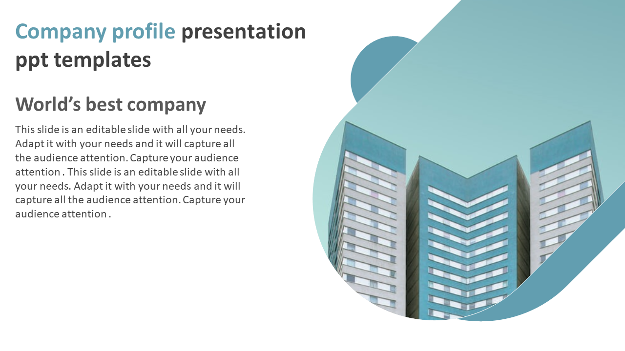 Company profile slide featuring a tall mirrored building with geometric blue overlays, and text on a white background.