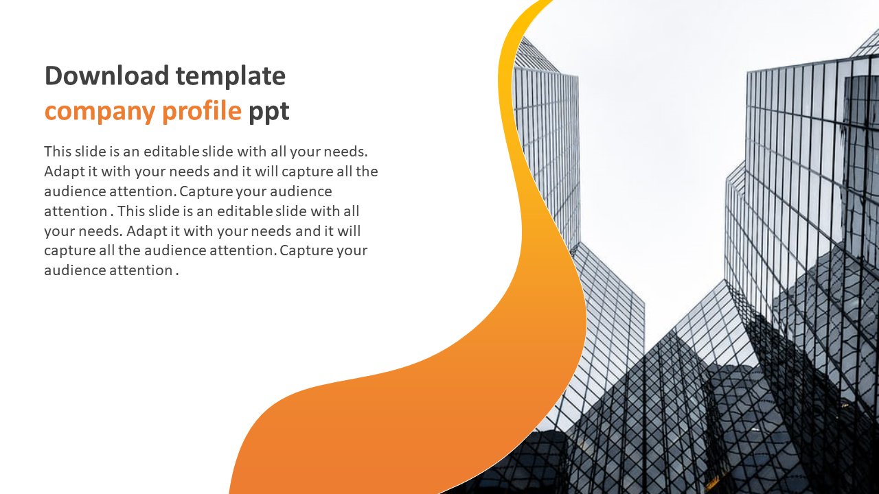 Modern company profile PowerPoint template with a sleek business skyscraper background and curved orange design.