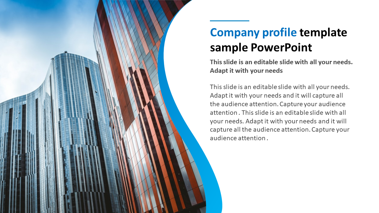 Modern company profile PowerPoint template featuring a skyscraper background and a curved blue design element.