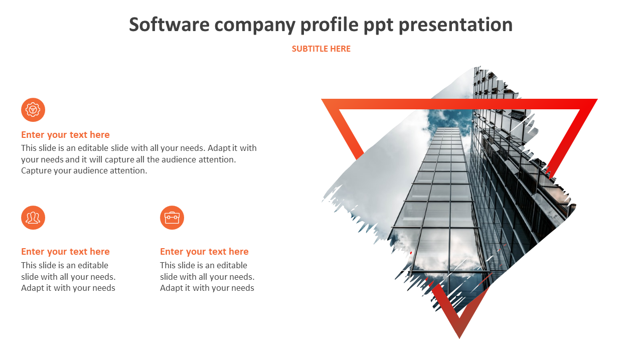 Corporate software company profile slide with a triangular architectural photo and multiple texts for adding company details.