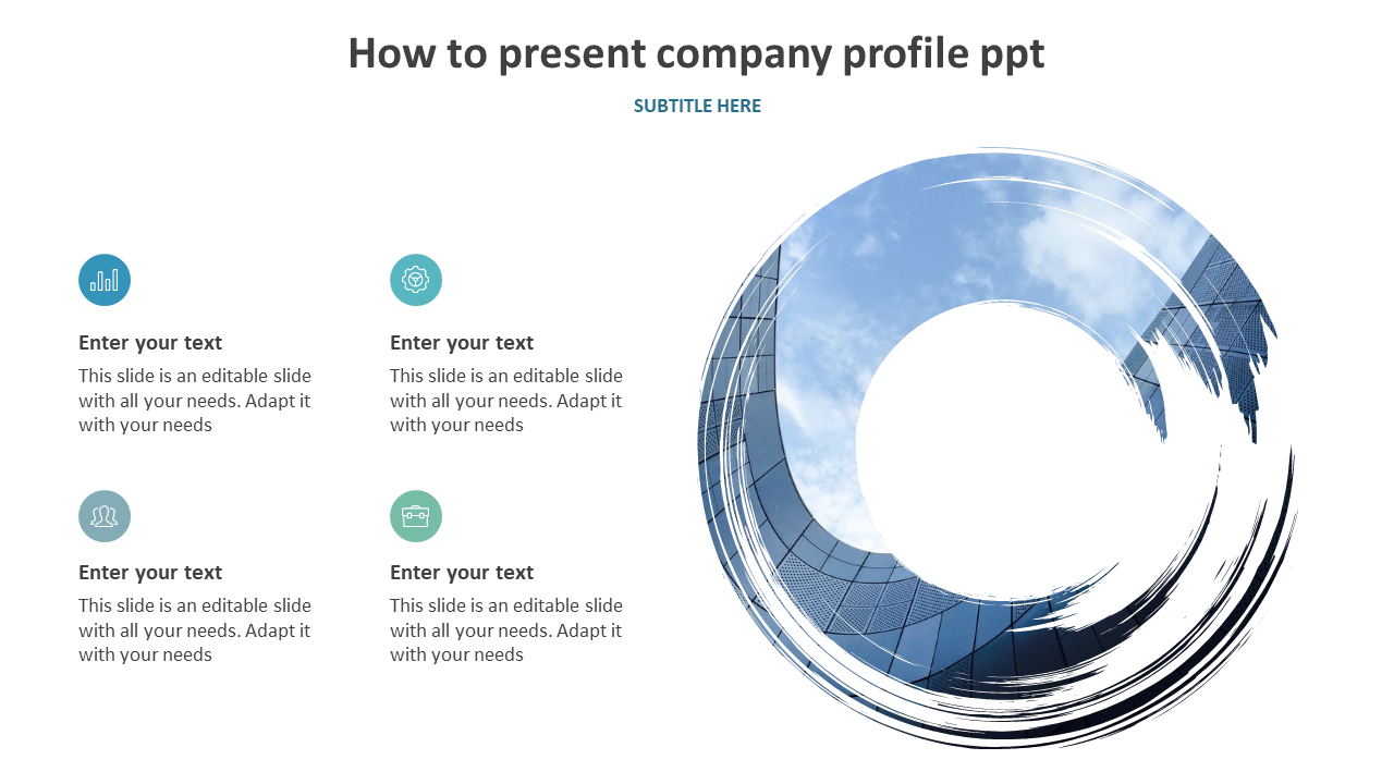 Slide on presenting a company profile in PowerPoint, featuring a circular architecture photo and text sections.