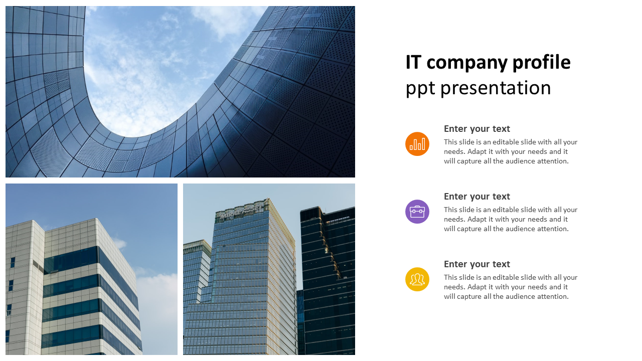 Company profile slide with three modern building images on the left and text with icons in orange, purple, and yellow.