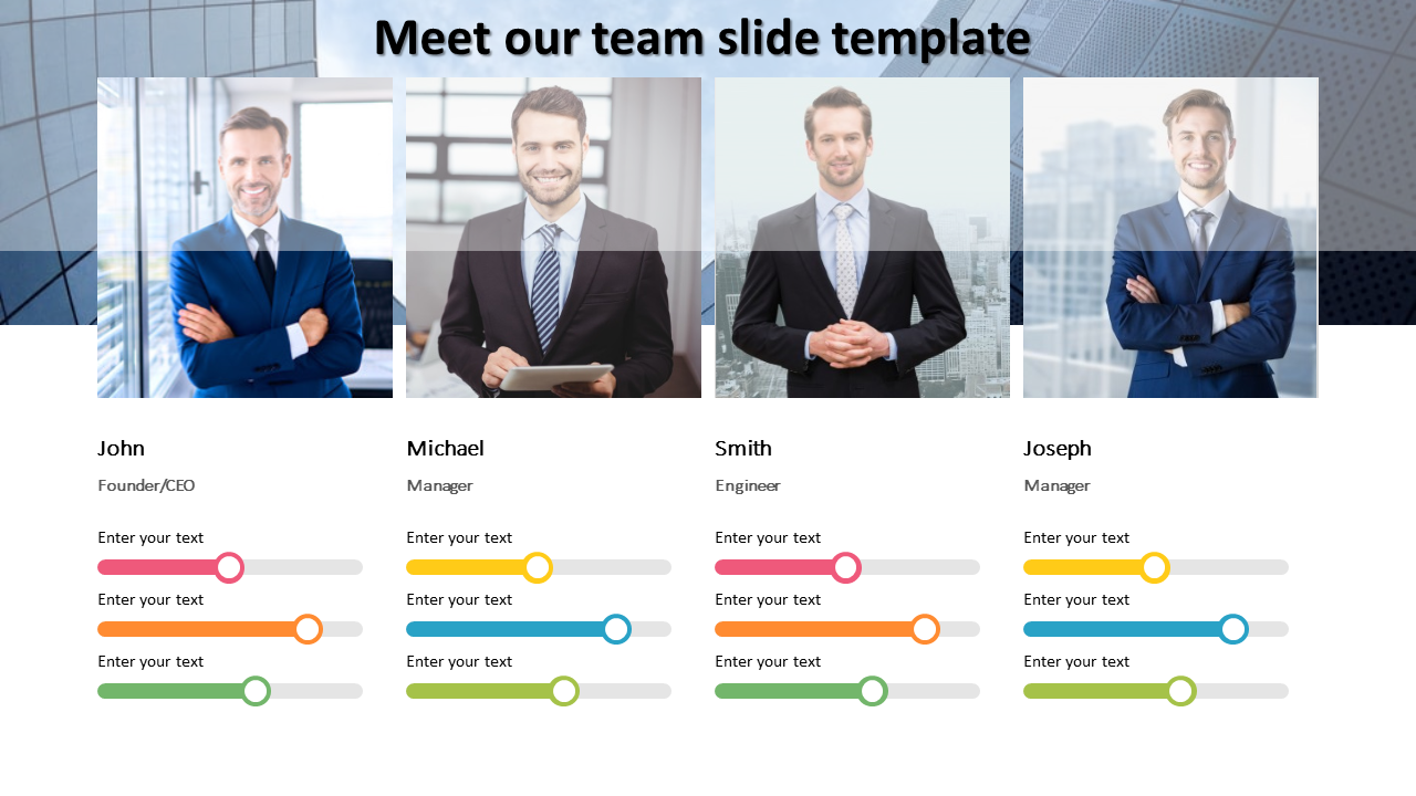 A team slide with four portraits of members, name and title below each, and colorful sliders indicating different values.