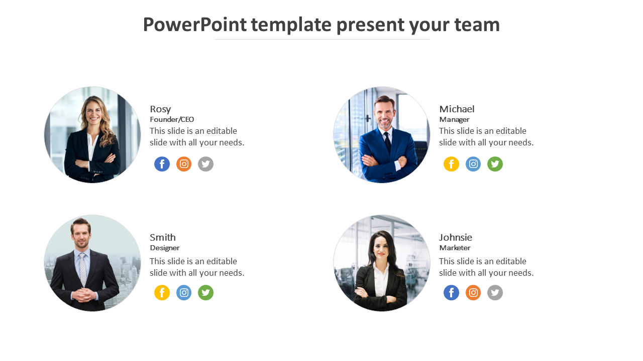 Team introduction slide with four member profiles, including their roles, pictures, and social media icons.