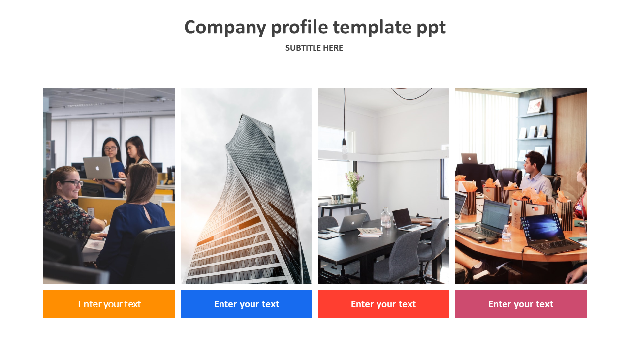 Four images of office, a skyscraper, and meetings, in a row with colored text boxes below in orange, blue, red, and pink.