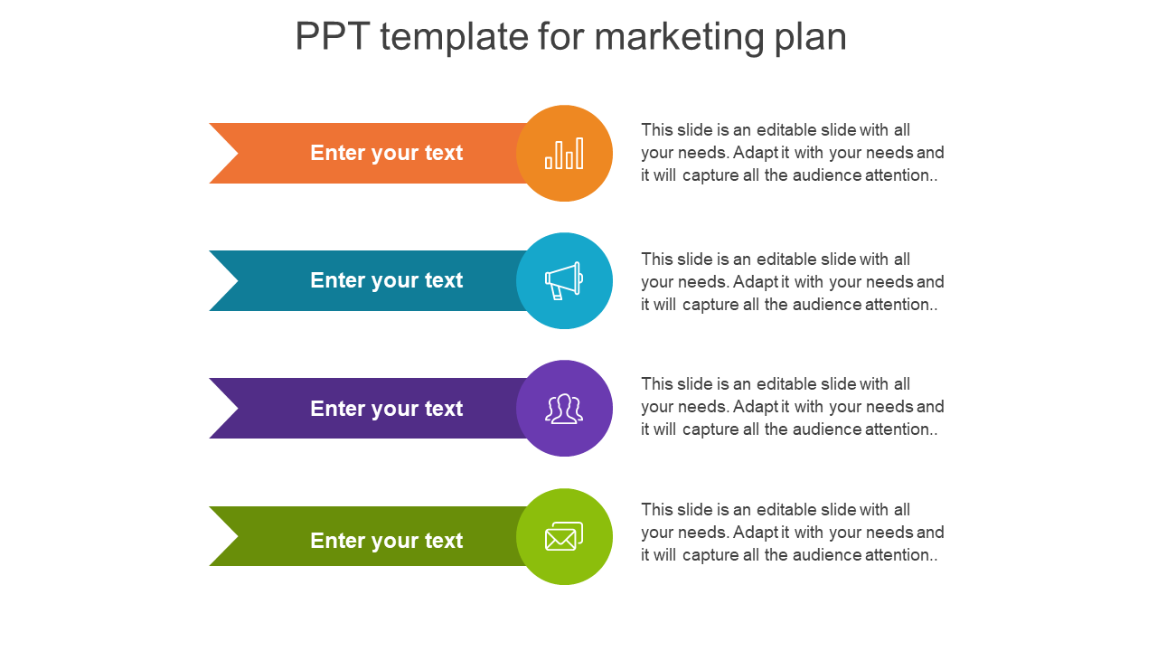 Colorful marketing plan PowerPoint template with four ribbon style sections and business icons with placeholder text.