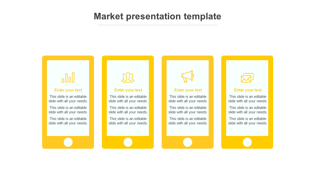 Modern PowerPoint template featuring four yellow smartphone shaped sections for marketing content with icons.