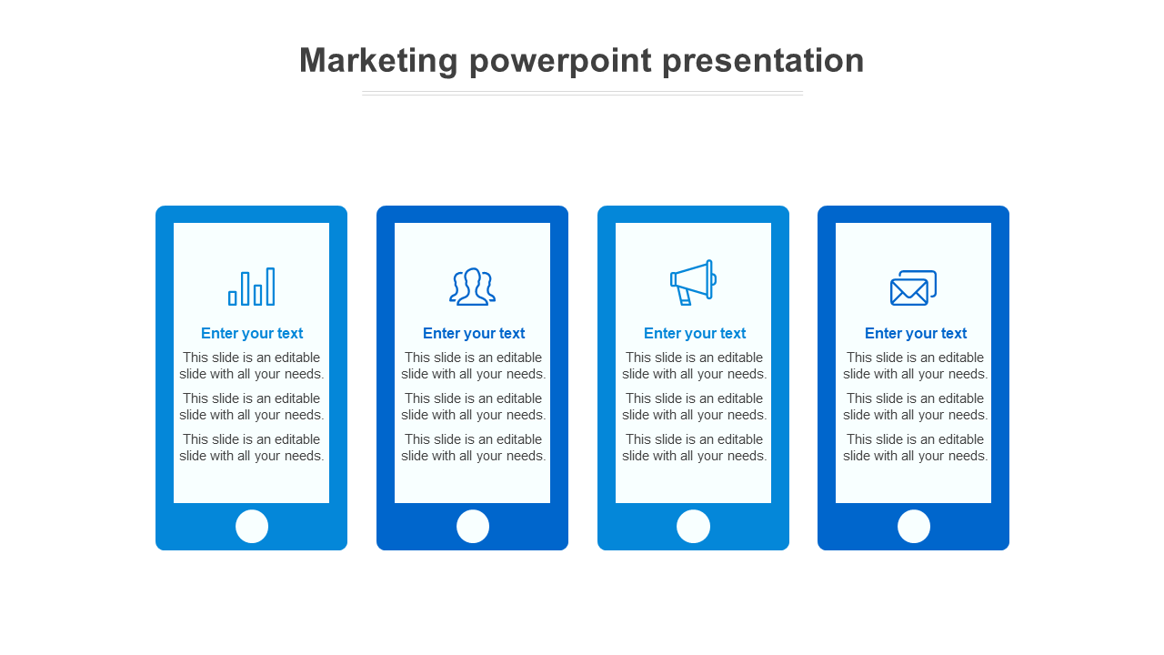 Marketing template featuring four sections with blue icons representing statistics, teamwork, announcements, and emails.