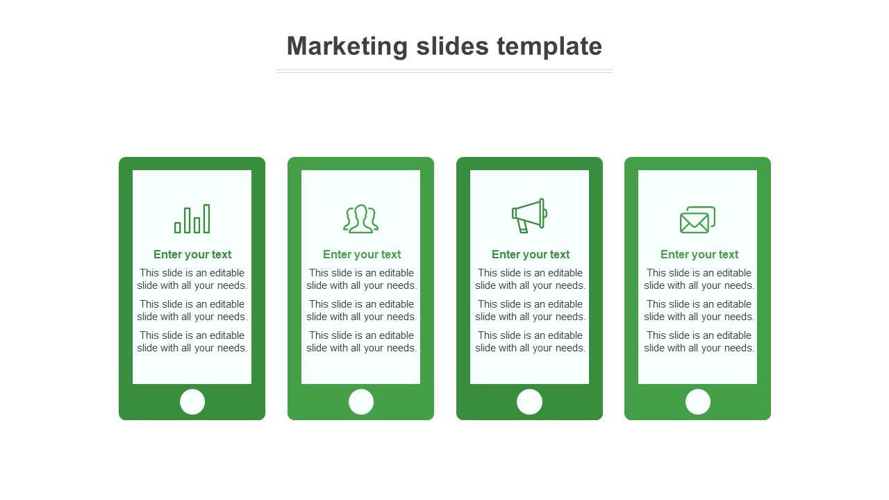 Modern PowerPoint template featuring four green smartphone shaped sections for marketing content with icons.