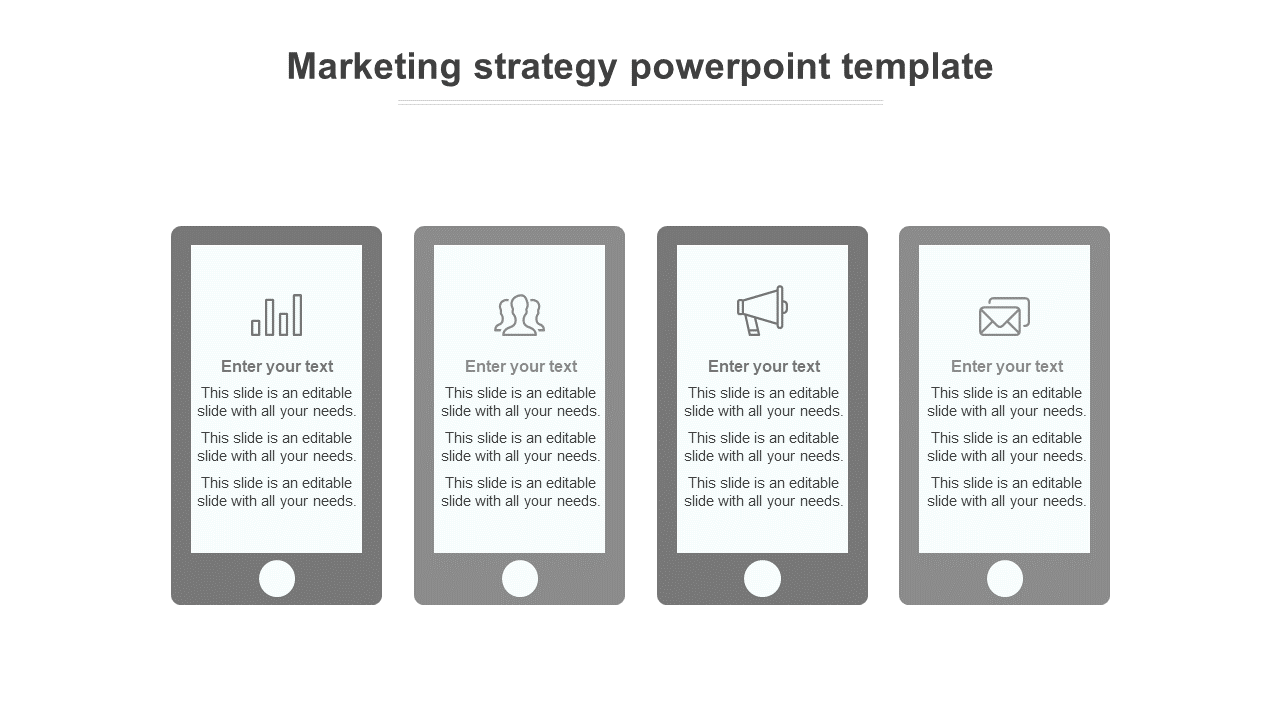 Marketing strategy slide with icons for analytics, audience, campaigns, and emails displayed on mobile phone template.