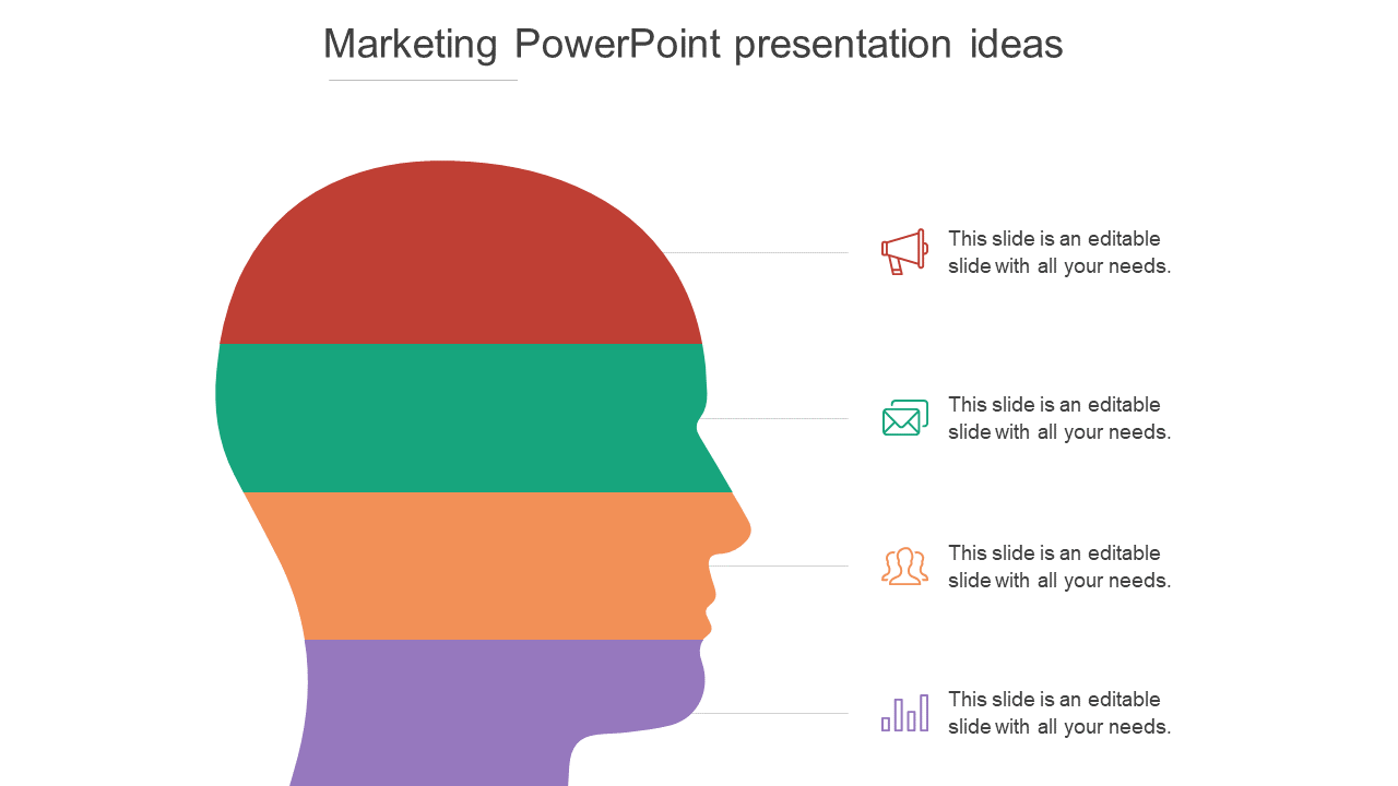 Colorful human head infographic PowerPoint template illustrating marketing concepts with four labeled sections.