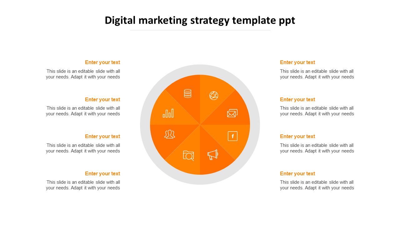 Digital marketing strategy PowerPoint template with an orange circular infographic segmented into eight sections with icons.