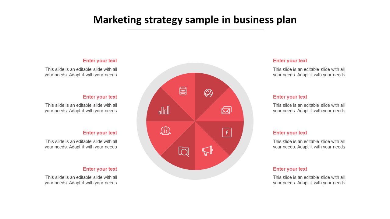 Red circular marketing plan template with eight sections, each containing icons and space for text on both sides.