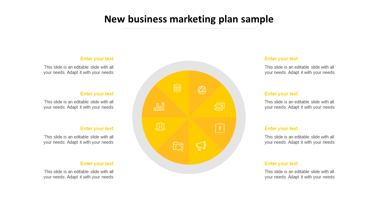 Digital marketing strategy PowerPoint template with a yellow circular infographic segmented into eight sections with icons.