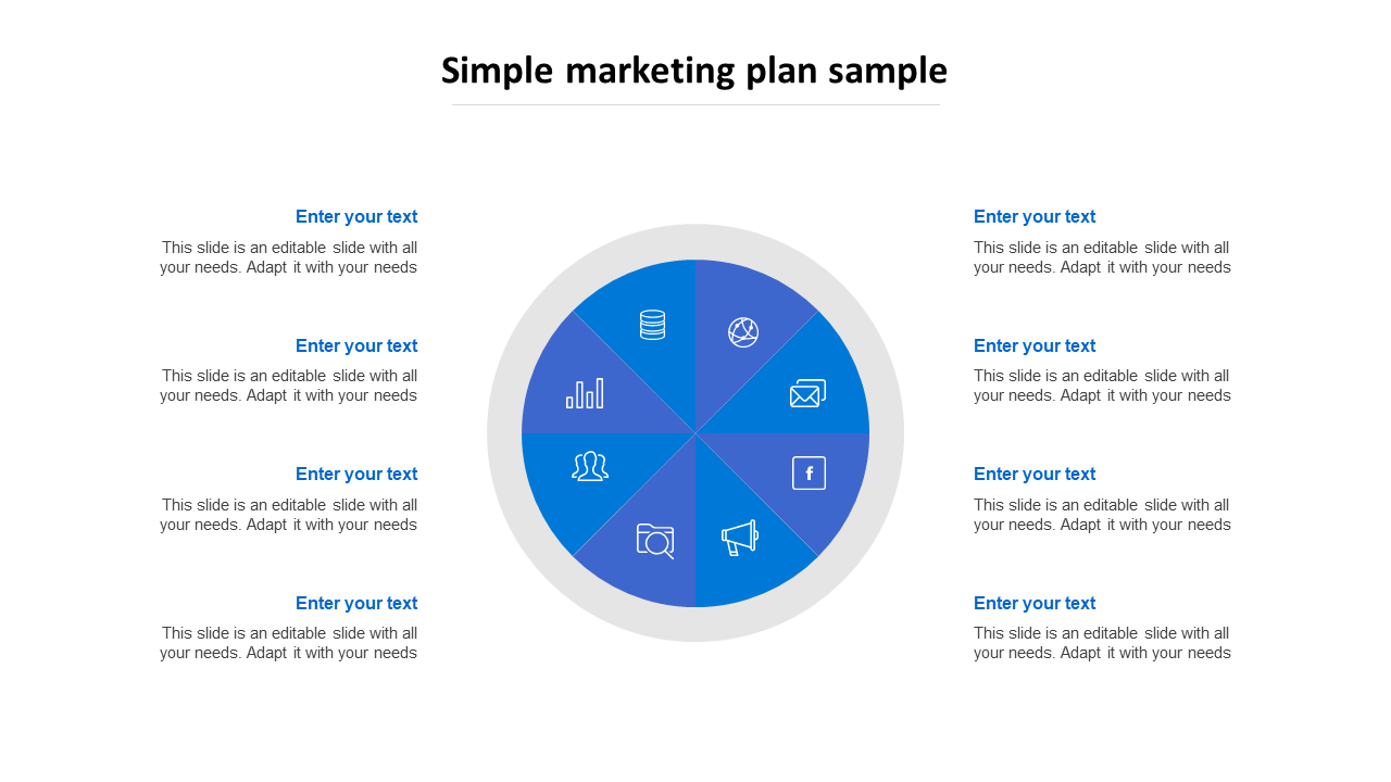 Blue radial layout with eight segments, each marked with icons representing different marketing areas.