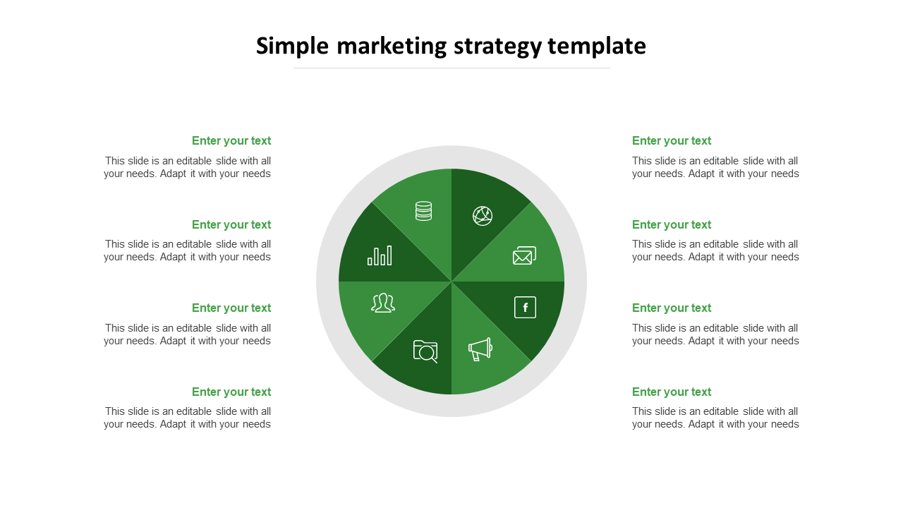 Digital marketing strategy PowerPoint template with a green circular infographic segmented into eight sections with icons.