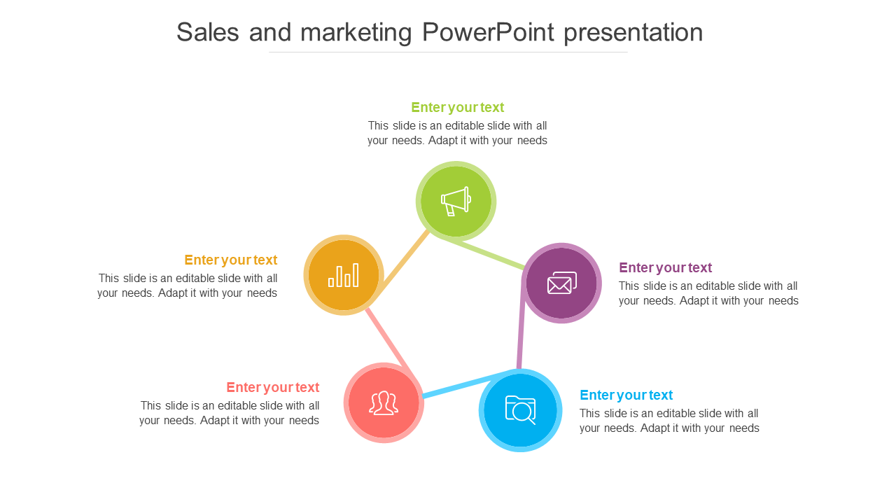 A colorful sales and marketing PowerPoint slide featuring five sections for text with colorful icons and placeholder text.