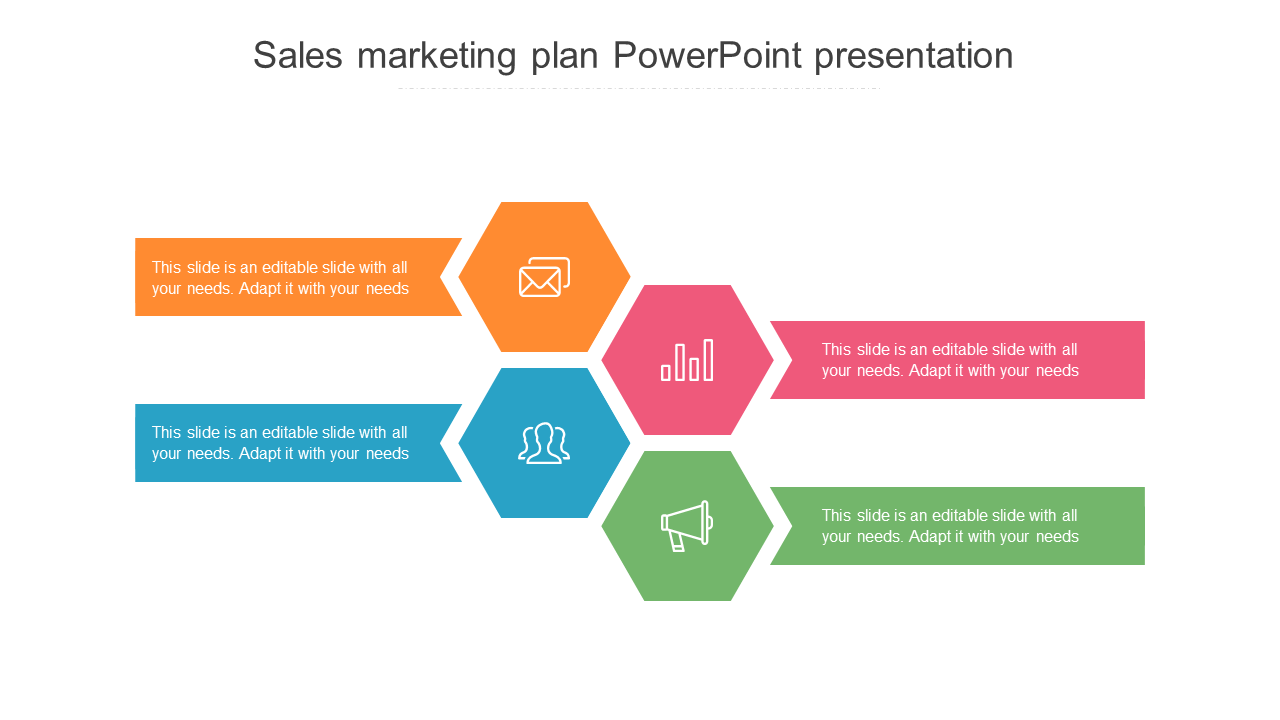 Colorful hexagon themed sales marketing plan PowerPoint template with icons and text sections.