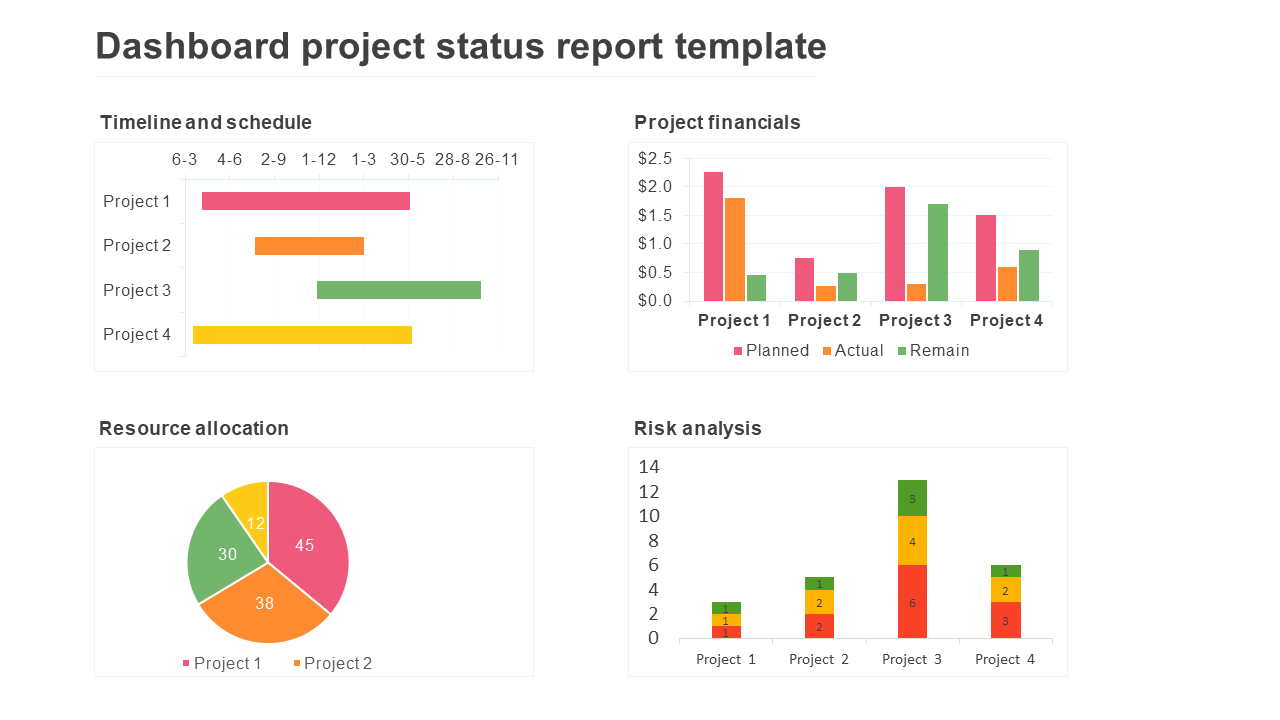 Dashboard slide displaying colorful project status with timeline, financials, resource allocation, and risk analysis charts.