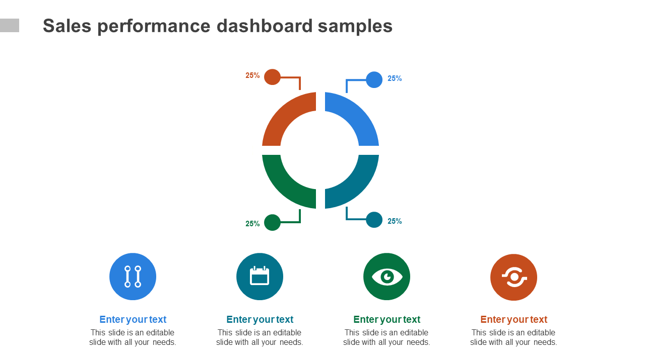 Sales performance dashboard PPT template with a colorful circular segmented chart and percentage indicators with icons.