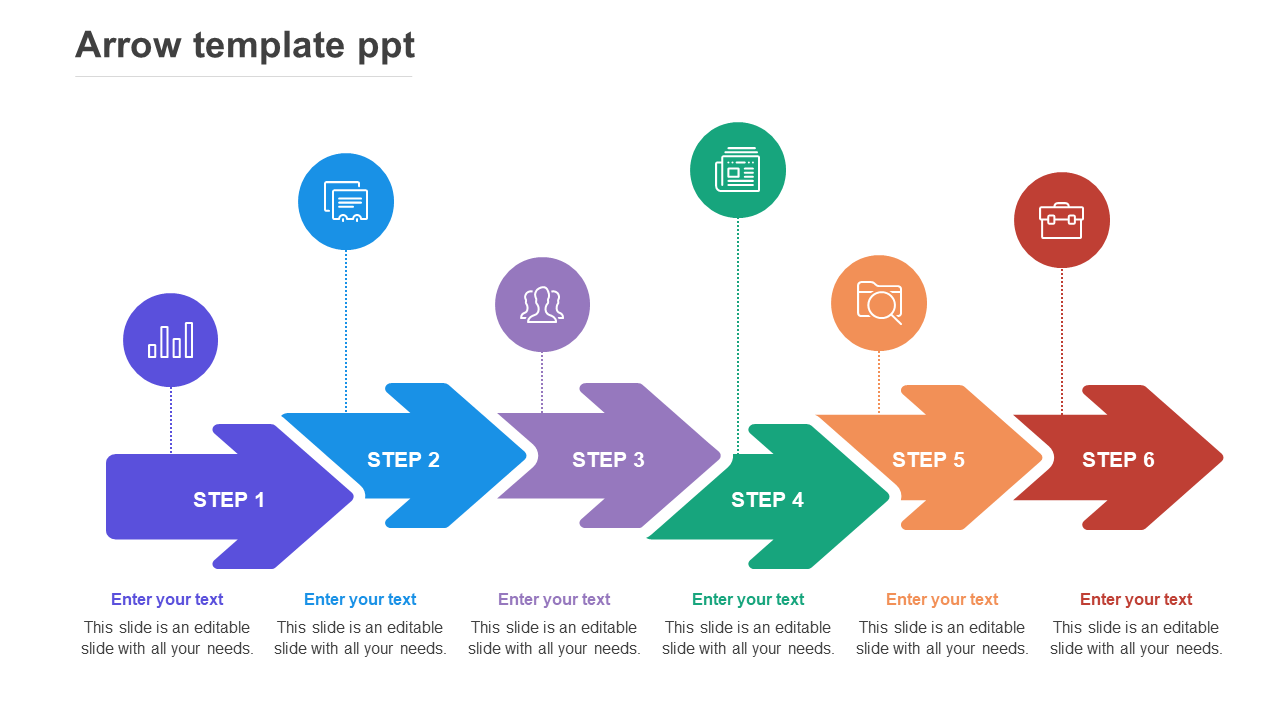 Slide with colorful rightward arrows in blue, teal, purple, green, orange, and red, each linked to circular icons and text.