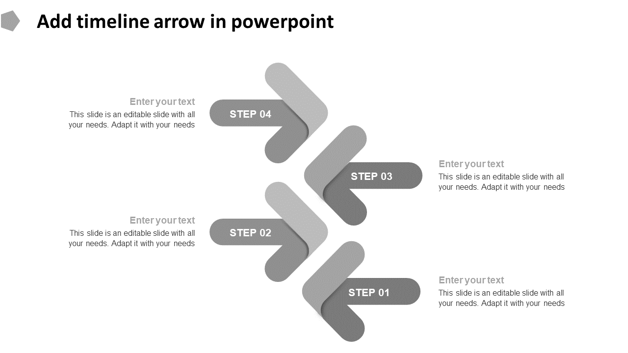 A four step timeline arrow diagram PowerPoint slide featuring curved grey arrows with labeled steps and text placeholders.