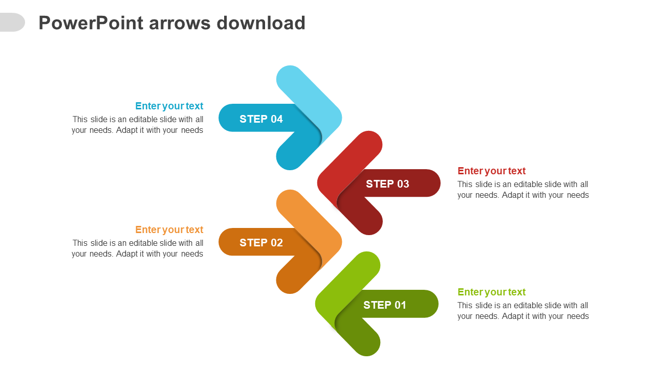 Slide featuring four colored arrows labeled Steps 1 to 4 with placeholder text sections.