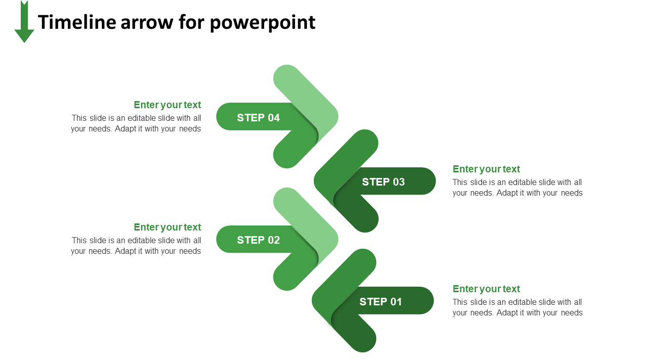 Timeline with green arrows arranged in a zigzag pattern, representing four steps, with  placeholders text for each step.