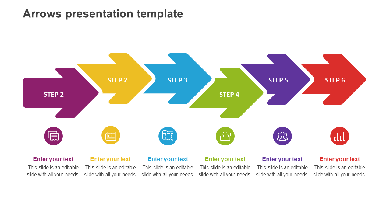 Colorful arrow diagram with six steps, each step connected to icons and placeholder text below the arrows.