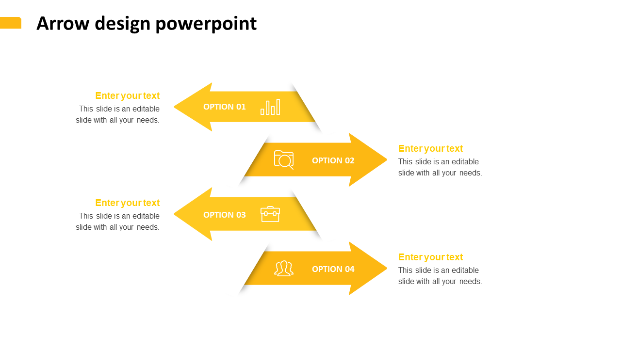 Four yellow arrows arranged horizontally with text and icons, pointing right and left in a sequential layout.