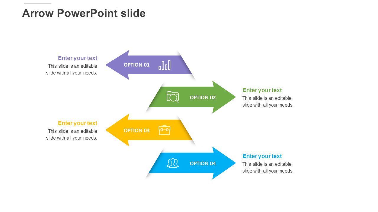 Colorful arrow PowerPoint slide with four labeled options and icons with placeholder text on a white theme.