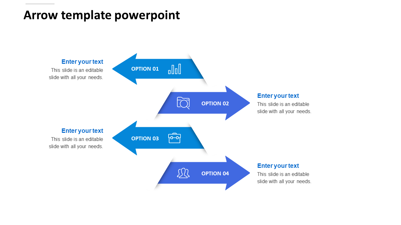 An arrow PPT template with four blue arrows labeled as options, each featuring icons and text areas on a white background.