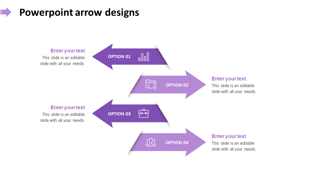 An arrow PPT template with four purple arrows labeled as options, each featuring icons and text areas on a white background.