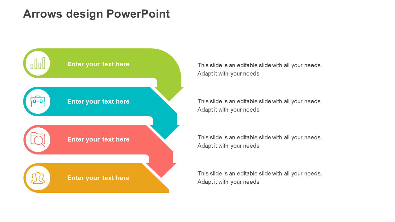 Four colored arrows stacked vertically with icons on the left and text placeholders on the right.