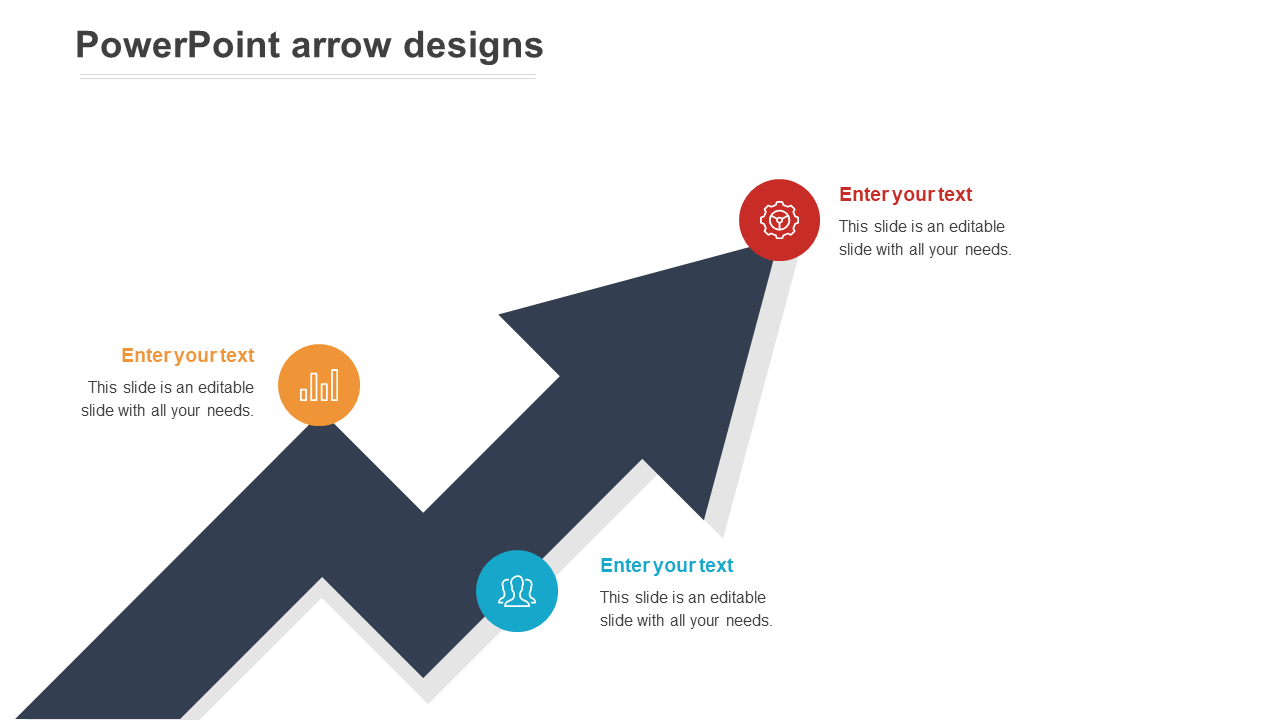 Upward growth arrow PowerPoint slide with three milestone points and color coded icons for progress visualization with text.