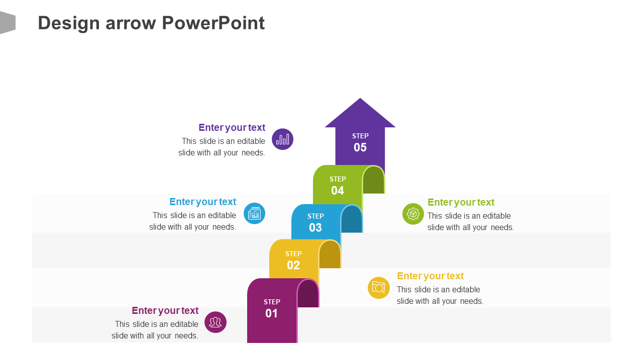 Colorful step by step arrow PowerPoint template illustrating five sequential stages in a process with placeholder text.