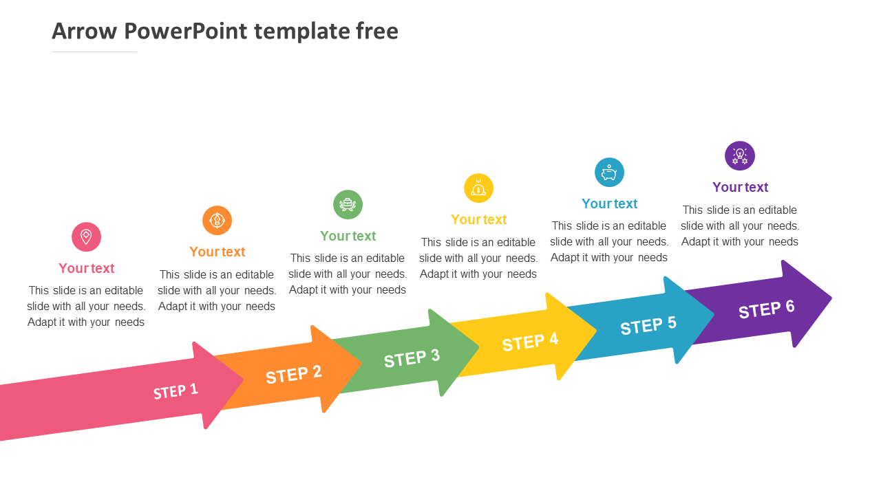 Arrow shaped timeline slide with six colorful steps, text boxes, and icons for each step.