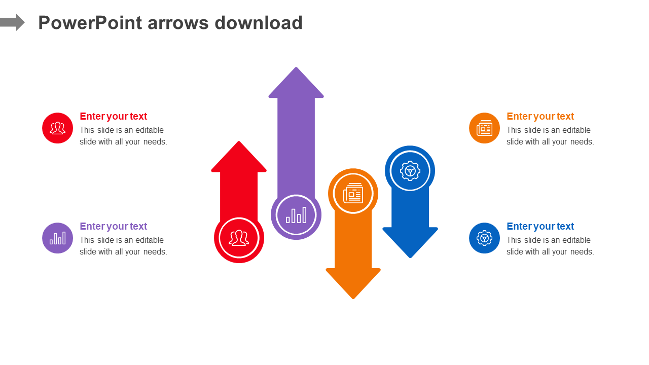 Infographic with four arrows in red, purple, orange, and blue, pointing upward and downward, with icons and text.