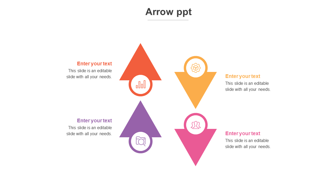 Colorful arrow PowerPoint template with four triangular arrows pointing in different directions and business icons.