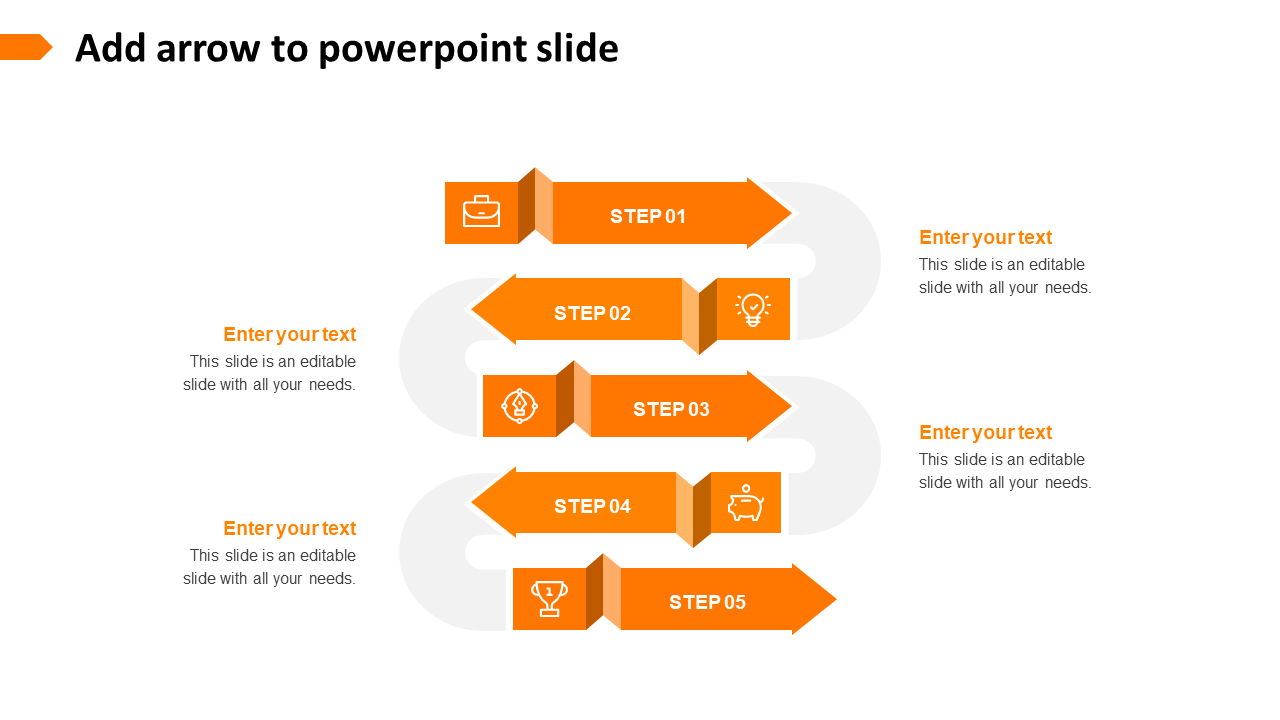 Five orange arrows forming a curved path with icons, representing steps in a process, along with text placeholders.