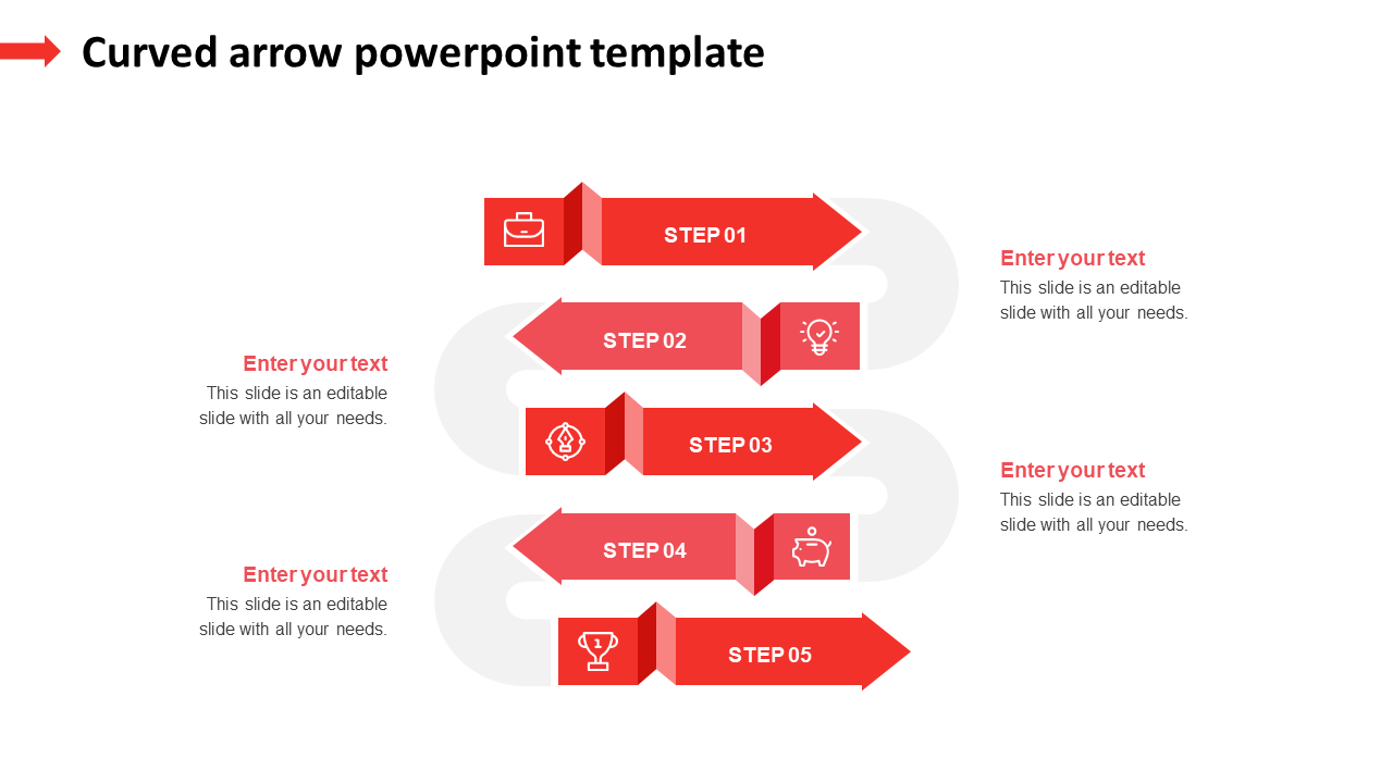 An engaging curved arrow diagram slide showcasing five sequential steps, each accompanied by relevant icons.