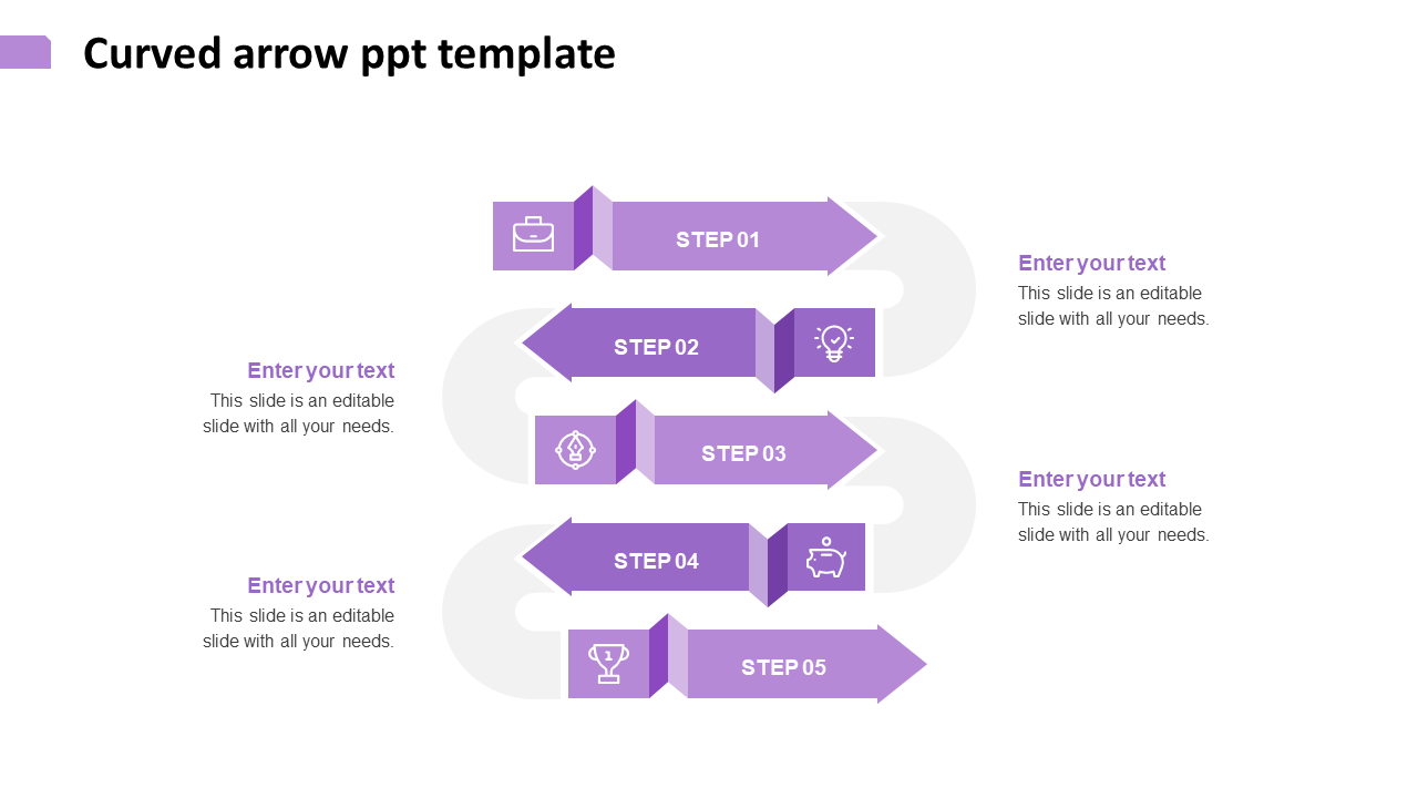 PowerPoint slide with a five step arrow infographic featuring purple icons and text fields for process visualization.