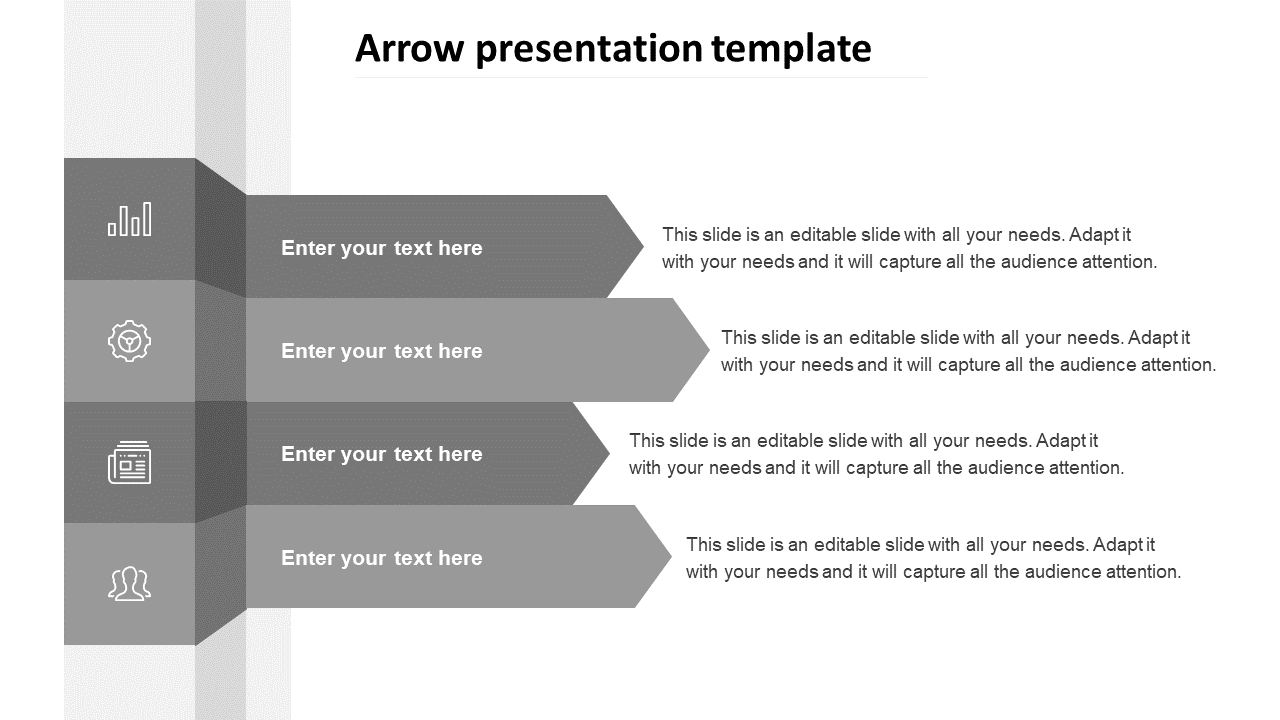 Template with four vertical gray arrows, featuring icons and text placeholders aligned on the right.