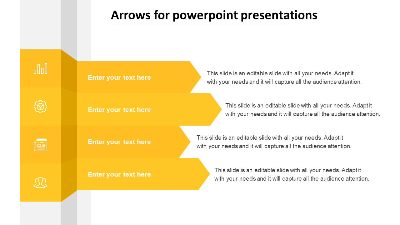 PowerPoint slide with four yellow arrows pointing right, each with icons and text placeholders on a white backdrop.