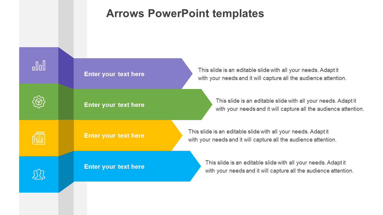 Slide featuring colorful arrows for organizing content, with space for color coded icons and text.