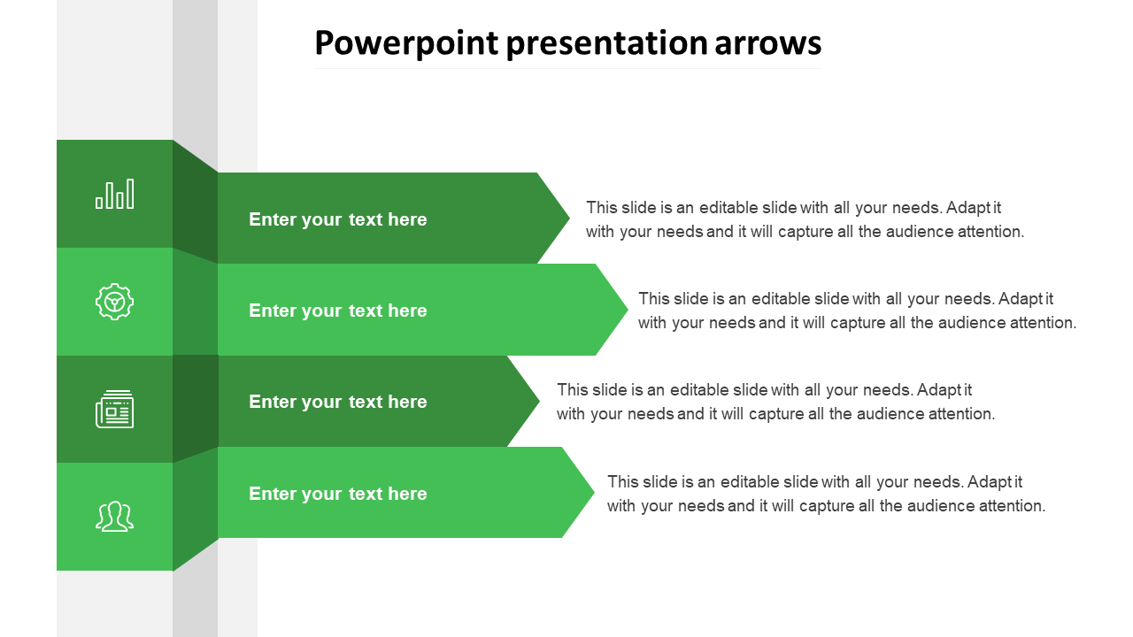 Slide with four green arrows, each featuring icons, arranged vertically with text placeholders, on a white backdrop.