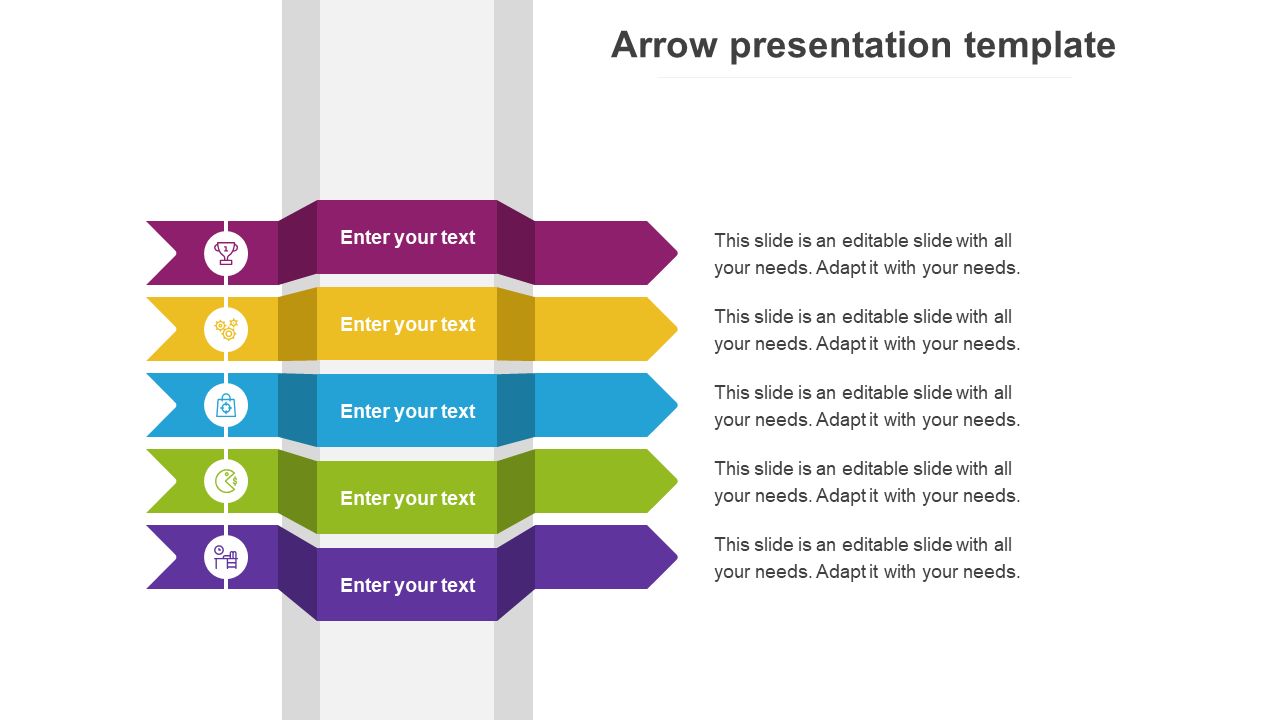 Vertical arrow PowerPoint template with five colorful sections and icons for a business strategy with placeholder text.